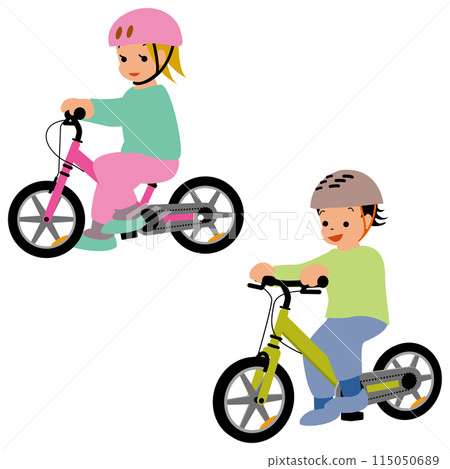 一個女孩和一個男孩戴著頭盔，騎著腳踏板 115050689