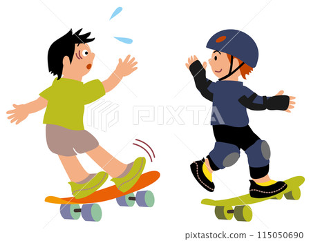 一個孩子在玩滑板時採取了一切預防措施以防止受傷，而一個孩子在沒有採取任何預防措施的情況下失去平衡。 115050690