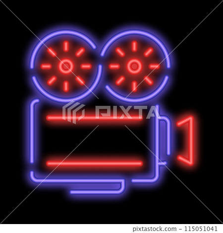 Neon glowing old camcorder. Filming movie on retro instrument. Film recording of movie. Glowing neon icon isolated on black background Neon glowing old camcorder. Filming movie on retro instrument. Film recording of movie. Glowing neon icon isolated on black background 115051041