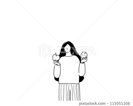 長髮女子拿著橘子和蘋果,畫線 長髮女子拿著橘子和蘋果,畫線 115051108