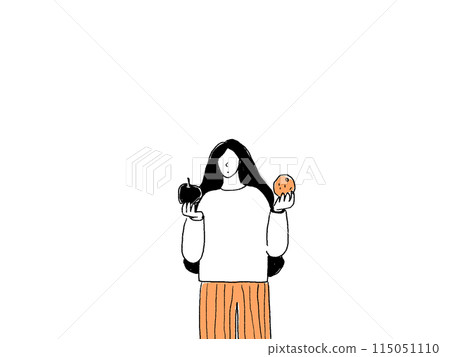A woman with long hair holding a tangerine and an apple A woman with long hair holding a tangerine and an apple 115051110