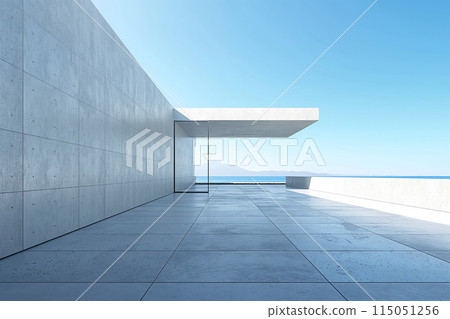 海边带泳池混凝土建筑与砖地露台有天空背景 115051256