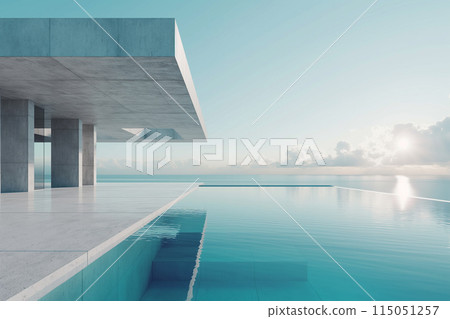 海边带泳池混凝土建筑与砖地露台有天空背景 115051257