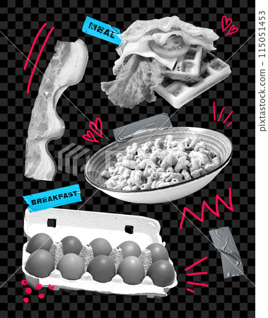 Breakfast and dinner ideas, Eggs, bacon, sandwich and pasta on black background with red abstract elements Monochrome items. Creative design. Breakfast and dinner ideas, Eggs, bacon, sandwich and pasta on black background with red abstract elements Monochrome items. Creative design. 115051453