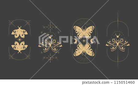 Magic sacred decoration cover, esoteric frame tattoo gold line border celelstial mystery esoteric decoration with moth or butterfly, sun, stars and moon on dark background. 115051460
