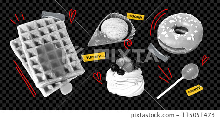 Monochrome items of desserts, waffle with honey, ice cream, meringue cake and donut on dark background with red lines. Creative design. Monochrome items of desserts, waffle with honey, ice cream, meringue cake and donut on dark background with red lines. Creative design. 115051473