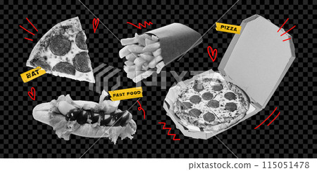 Fast food menu. Slice of pepperoni pizza, fries, pizza in box, and hotdog on dark background. Monochrome items. Creative design. 115051478