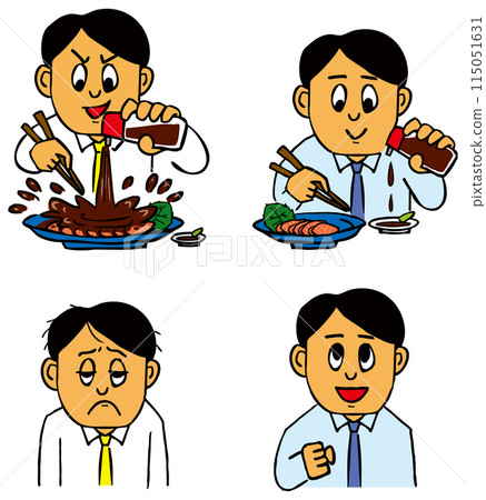 A four-piece set of people who have suffered health problems from using too much soy sauce and people who are healthy from using the right amount A four-piece set of people who have suffered health problems from using too much soy sauce and people who are healthy from using the right amount 115051631