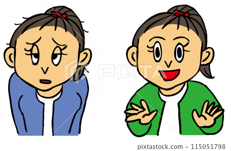 A woman with a ponytail and a gloomy face and a woman with a ponytail and a bright face A woman with a ponytail and a gloomy face and a woman with a ponytail and a bright face 115051798