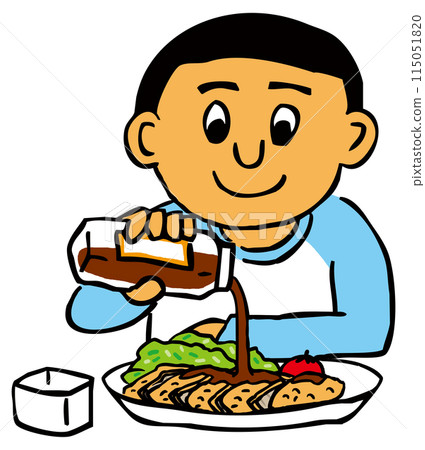 A person pouring sauce on fried food 115051820