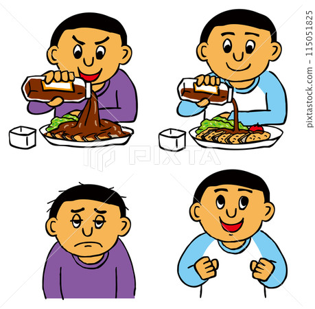 A set of four people: those who have been affected by excessive sauce and those who are healthy because of the right amount 115051825