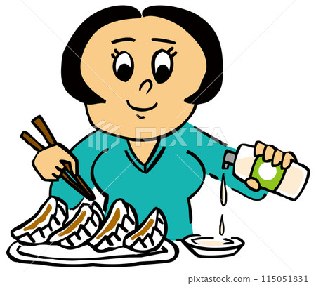 A person pouring vinegar on dumplings 115051831