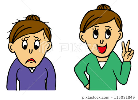 A woman with a gloomy face and a tied-up hairstyle and a woman with a bright face and a tied-up hairstyle 115051849