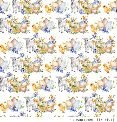 Easter floral seamless pattern with lamb and chick. Watercolor Easter eggs in basket isolated on white. First spring yellow and blue flowers and farm pets hand drawn in neutral. Easter design print 115051951