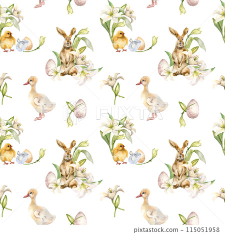 Bunny, chick and gosling watercolor Easter print. Baby animals with lily flowers seamless pattern isolated on white. Pets illustration and gentle floral hand drawn. For textile, paper, backdrop 115051958