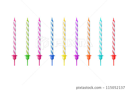 3d realistic colorful candles for birthday cake. Holiday candles with burning flames candlelight on wicks, celebration objects. Vector 3d realistic colorful candles for birthday cake. Holiday candles with burning flames candlelight on wicks, celebration objects. Vector 115052137