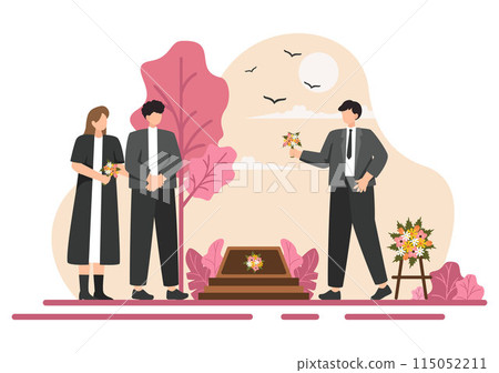 Funeral Ceremony Vector Illustration of Sad People in Black Clothes Standing by a Grave with Wreaths Around a Coffin in a Flat Cartoon Background 115052211
