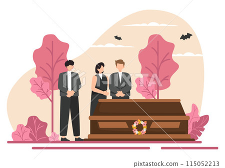 Funeral Ceremony Vector Illustration of Sad People in Black Clothes Standing by a Grave with Wreaths Around a Coffin in a Flat Cartoon Background Funeral Ceremony Vector Illustration of Sad People in Black Clothes Standing by a Grave with Wreaths Around a Coffin in a Flat Cartoon Background 115052213