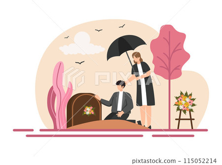 Funeral Ceremony Vector Illustration of Sad People in Black Clothes Standing by a Grave with Wreaths Around a Coffin in a Flat Cartoon Background Funeral Ceremony Vector Illustration of Sad People in Black Clothes Standing by a Grave with Wreaths Around a Coffin in a Flat Cartoon Background 115052214