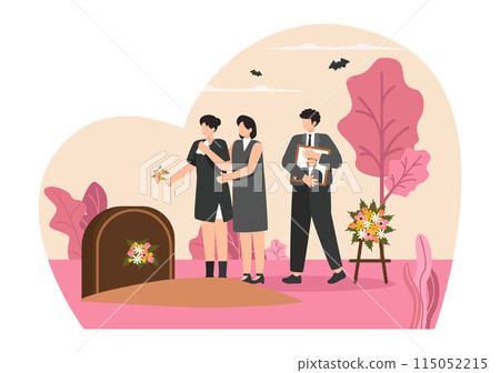 Funeral Ceremony Vector Illustration of Sad People in Black Clothes Standing by a Grave with Wreaths Around a Coffin in a Flat Cartoon Background Funeral Ceremony Vector Illustration of Sad People in Black Clothes Standing by a Grave with Wreaths Around a Coffin in a Flat Cartoon Background 115052215