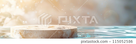 Stone podium with water. Mock up for product, cosmetic presentation. Pedestal or platform for beauty products. Empty scene. Stage, display, showcase. Podium with copy space. Banner. Generative AI. 115052586