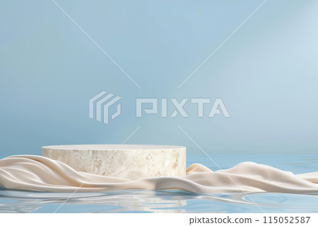 Stone podium with water. Mock up for product, cosmetic presentation. Pedestal or platform for beauty products. Empty scene. Stage, display, showcase. Podium with copy space. Generative AI. 115052587