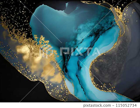 Abstract alcohol ink art - blue and gold waves 115052734