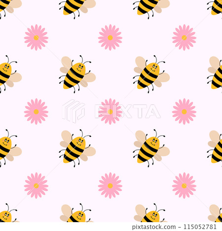 Vector cute cartoon seamless pattern with bees and pink flowers. Funny bees background. Vector flat illustration. Vector cute cartoon seamless pattern with bees and pink flowers. Funny bees background. Vector flat illustration. 115052781