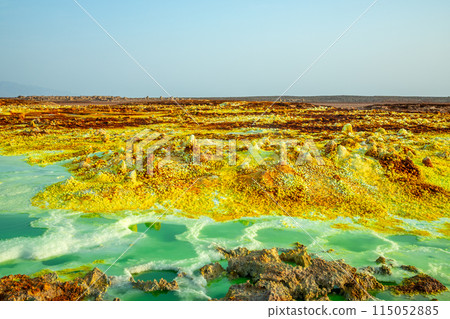 Extraterrestrial landscape with toxic lakes and sulphur minerals, Danakil Depression desert, Afar region, Ethiopia Extraterrestrial landscape with toxic lakes and sulphur minerals, Danakil Depression desert, Afar region, Ethiopia 115052885