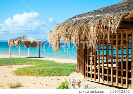 Sable Blanc sand beach with straw roofed huts and turquoise sea, Tajourah region, Djibouti, Horn of Africa 115052892
