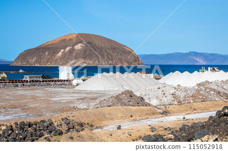 Port de Goubet, salt piles at mines port terminal, with Devil's island in the background, Arta region, Djibouti, Horn of Africa 115052918