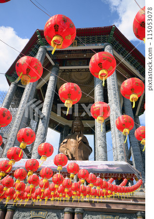 Red lantern tradition lamp on Chinese New Year festival in Chinatown. Celebration hanging Red lantern for luck in temple. East Asia tradition in Asia temple. Religion buddhism festival 115053078