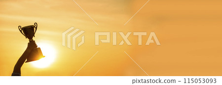 Banner Winner win hands holding golden champion trophy cup prize. Silhouette best award victory hands champion trophy . Panorama Team holding gold sport trophy cup. Win-Win sport team with copy space 115053093