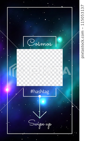 Cosmic background with copy space and swipe up button. Colorful deep space background with stars and nebulas. Galaxy discovery and exploration vector illustration. UI UX design for mobile application Cosmic background with copy space and swipe up button. Colorful deep space background with stars and nebulas. Galaxy discovery and exploration vector illustration. UI UX design for mobile application 115053137