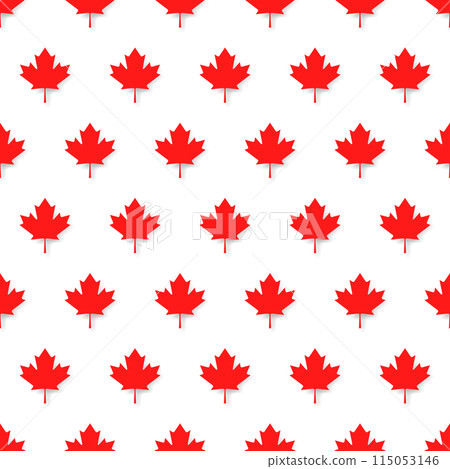 Canadian patriotic seamless pattern with national official colors. Red maple leaves in rows on white background. Canada republic simple wallpaper design vector illustration. Canadian patriotic seamless pattern with national official colors. Red maple leaves in rows on white background. Canada republic simple wallpaper design vector illustration. 115053146