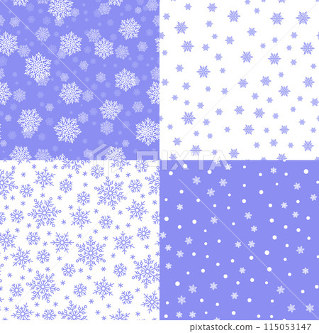 Vintage snowflakes seamless patterns set in white and purple colours. Cute snowflakes on light background. Template for christmas gifts wrapping paper. Winter season wallpaper vector illustration. 115053147