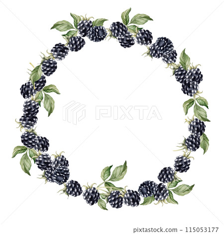 Blackberry wreath with berries and leaves. Watercolor isolated illustration for table textile, porcelain tableware and delicious prints, summer fabrics, wrapping paper, food packages, label, logo 115053177