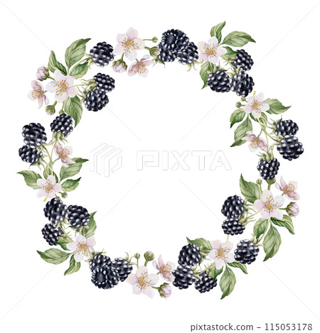 Blackberry wreath with flowers and leaves. Watercolor isolated illustration for table textile, porcelain tableware and delicious prints, summer fabrics, wrapping paper, food packages, label, logo 115053178