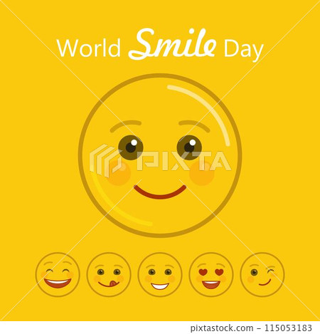 World smile day holiday banner. Happy smile face and lettering on yellow background. International day of happiness and fun poster. World positive event greeting card vector template in flat style 115053183
