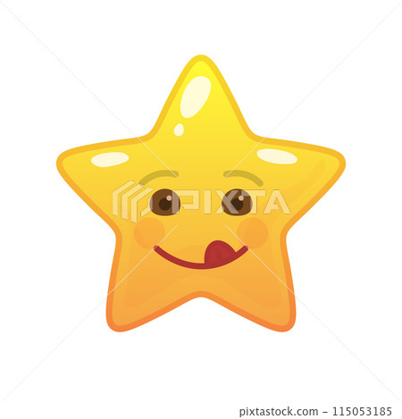 Playful star shaped comic emoticon. Frisky face with facial expression. Coltish emoji symbol for internet chatting. Funny social communication animated character. Mood message isolated vector element 115053185