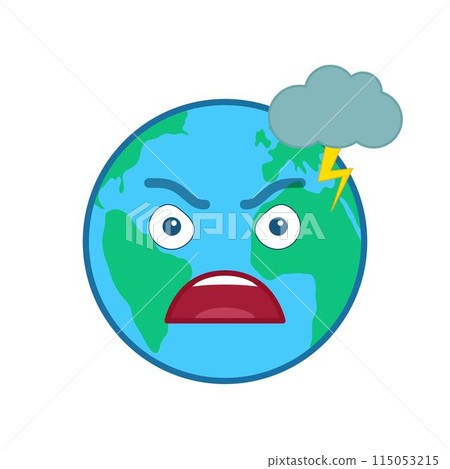 Angry world globe isolated emoticon. Screaming blue planet emoji. Social communication and weather widget. Furious face showing facial emotion. Funny earth with lightning icon. Weather forecast vector Angry world globe isolated emoticon. Screaming blue planet emoji. Social communication and weather widget. Furious face showing facial emotion. Funny earth with lightning icon. Weather forecast vector 115053215