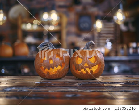carved pumpkins glow warmly on a rustic wooden table, surrounded by vibrant autumn leaves. The background captures the essence of a magical fall evening with golden hues and a dreamy bokeh effect carved pumpkins glow warmly on a rustic wooden table, surrounded by vibrant autumn leaves. The background captures the essence of a magical fall evening with golden hues and a dreamy bokeh effect 115053216