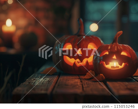 carved pumpkins glow warmly on a rustic wooden table, surrounded by vibrant autumn leaves. The background captures the essence of a magical fall evening with golden hues and a dreamy bokeh effect 115053246