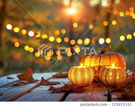 carved pumpkins glow warmly on a rustic wooden table, surrounded by vibrant autumn leaves. The background captures the essence of a magical fall evening with golden hues and a dreamy bokeh effect 115053331