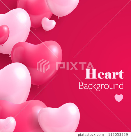 Realistic hearts balloon. Ornament of hearts in the form of balloons from left side on a red background. Romantic vector background for banner, card or presentation. 115053339