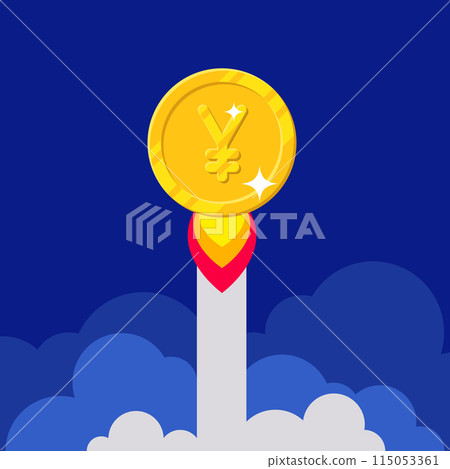 Chinese yuan or Japanese yen coin rocket starting. Startup success, fast growing income. Business finance and economy concept. Cartoon vector illustration isolated on blue background Chinese yuan or Japanese yen coin rocket starting. Startup success, fast growing income. Business finance and economy concept. Cartoon vector illustration isolated on blue background 115053361