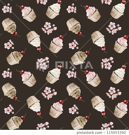Cupcakes with cherry berries and flowers. Watercolor seamless pattern on dark background with muffins for confectionery design, table textile, delicious prints, summer fabrics, wrapping paper 115053392