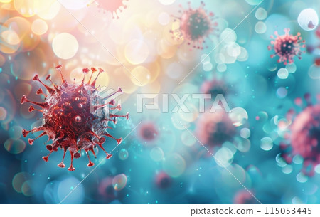 A 3D illustration of multiple virus particles suspended in the air, depicted with a blue tint, highlighting their structure and surface proteins 115053445