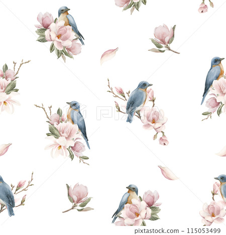 Blue birds on branches with light pink magnolia flowers. Watercolor floral seamless pattern on white background. Spring blossom for flower fabric, cosmetic packaging, wrapping paper and home textile 115053499