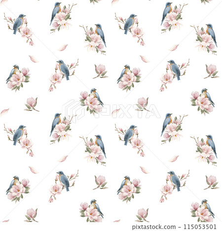 Blue birds on branches with light pink magnolia flowers. Watercolor floral seamless pattern on white background. Spring blossom for flower fabric, cosmetic packaging, wrapping paper and home textile Blue birds on branches with light pink magnolia flowers. Watercolor floral seamless pattern on white background. Spring blossom for flower fabric, cosmetic packaging, wrapping paper and home textile 115053501